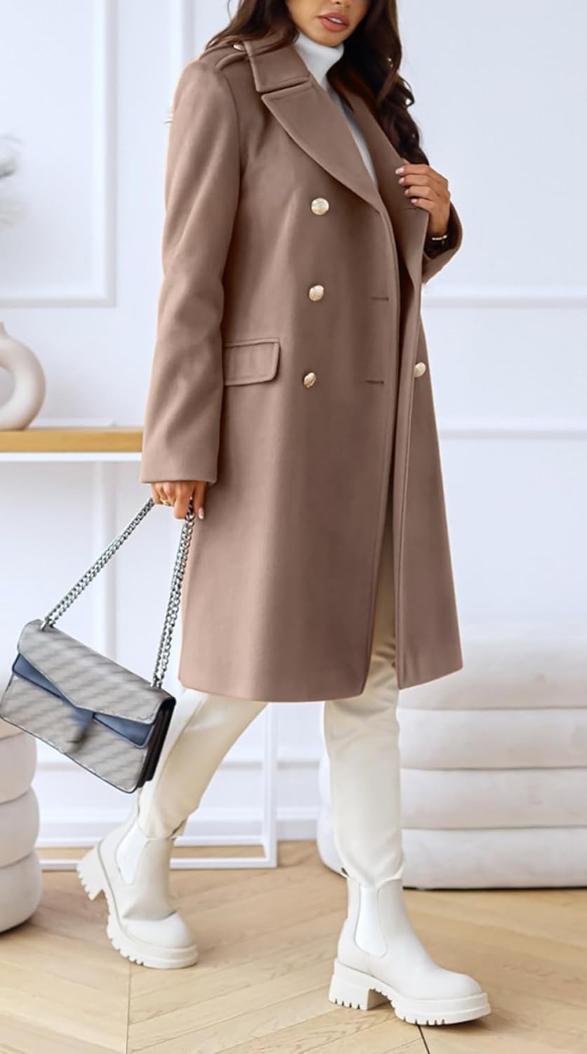 chouyatou Women's Winter Lapel Double Breasted Office Work Long Wool Pea Coat Overcoat - Image 4