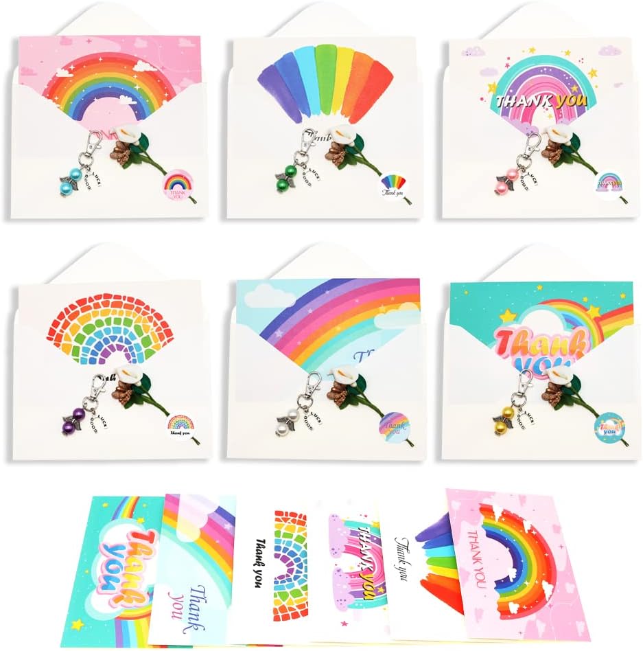 BITEYI Thank You Card Keychain set,6 Greeting Cards with Envelopes 6 Keyring 12 Sticker 12 Handmade Flowers,Gifts of Thanks for Colleagues Teachers Parents Friends (Rainbow) - Image 3