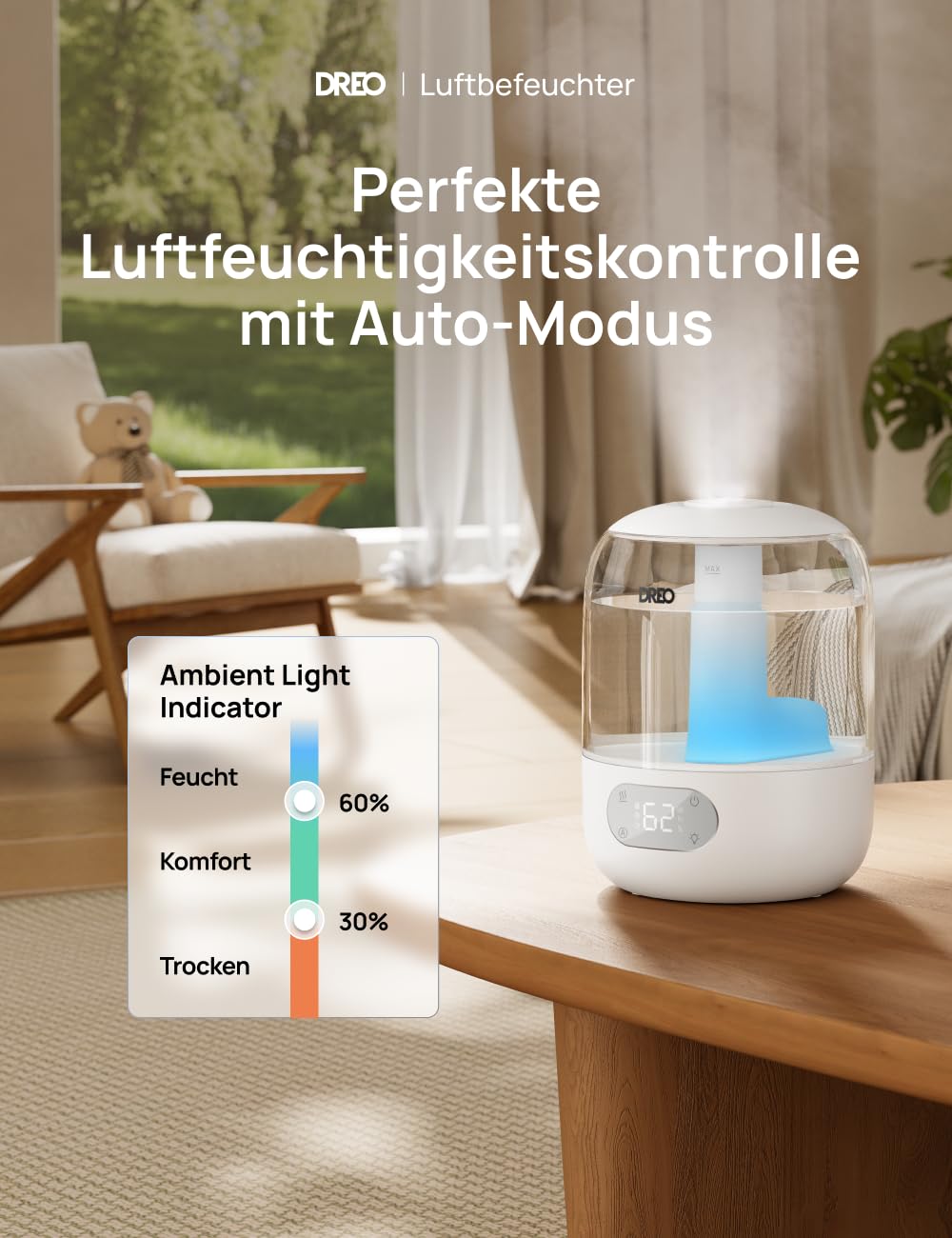 Dreo Luftbefeuchter für Schlafzimmer, kühler Nebel Luftbefeuchter für Haus und großen Raum, leiser Luftbefeuchter für Baby, Nachtlicht, ätherisches Diffusor, schnelle Ultraschall Luftbefeuchter
