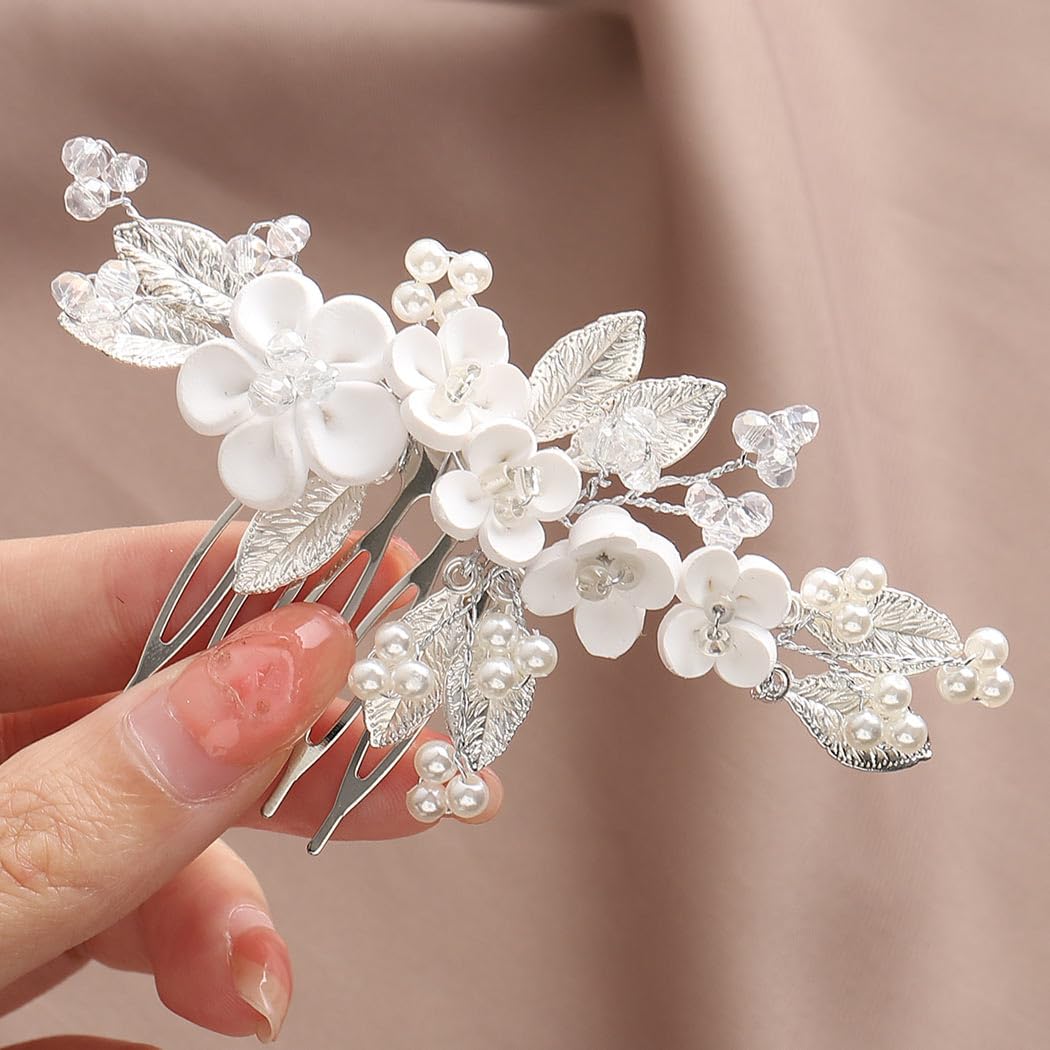 Flower Wedding Hair Comb Silver Leaf Hair Piece Pearl Bridal Hair Accessories for Women and Girls (Silver) - Image 8
