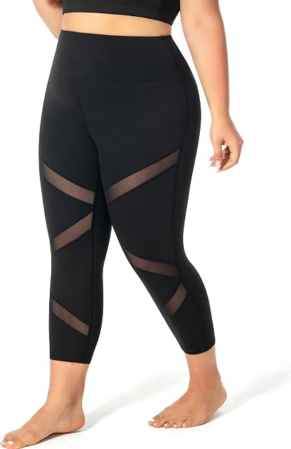 Plus Taille Mesh Capri Leggings pour les femmes avec des poches, L-5XL Pantalon de yoga de contrôle tummy, leggings de haute taille