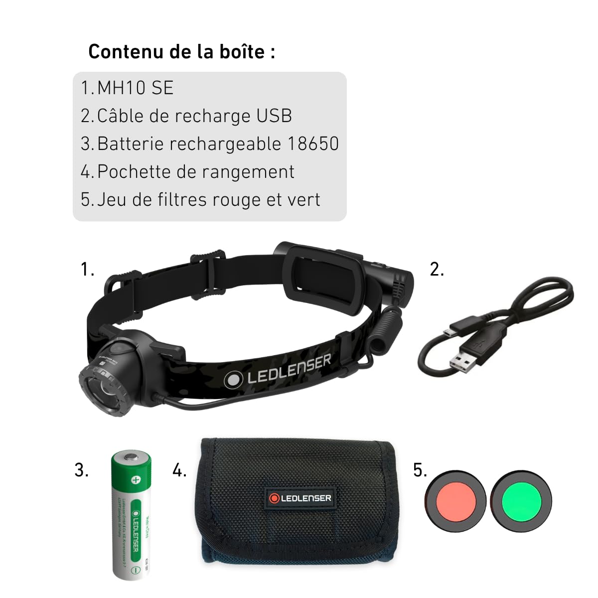 Ledlenser MH10 SE Lampe frontale rechargeable 600lm, 150m, IP54, 120h, 158g | Mise au point réglable, feu arrière rouge, filtres de couleur et pochette inclus, pour camping, randonnée
