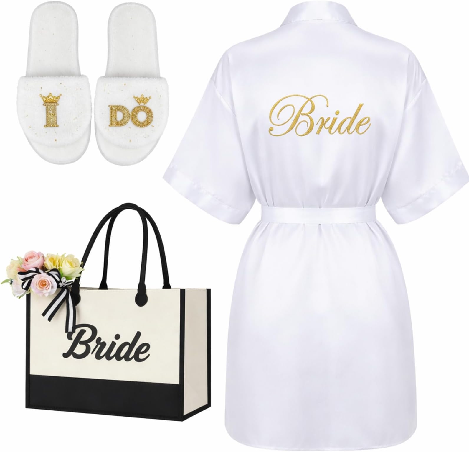 3 Pcs Bride Robe for Wedding Day Set Bridal Robes Slippers Tote Bag for Bridal Shower Gift Bachelorette Party