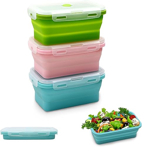 Alimat PluS Contenedores de almacenamiento de alimentos plegables de silicona de 11.8 onzas con tapas, juego de 3 recipientes plegables de