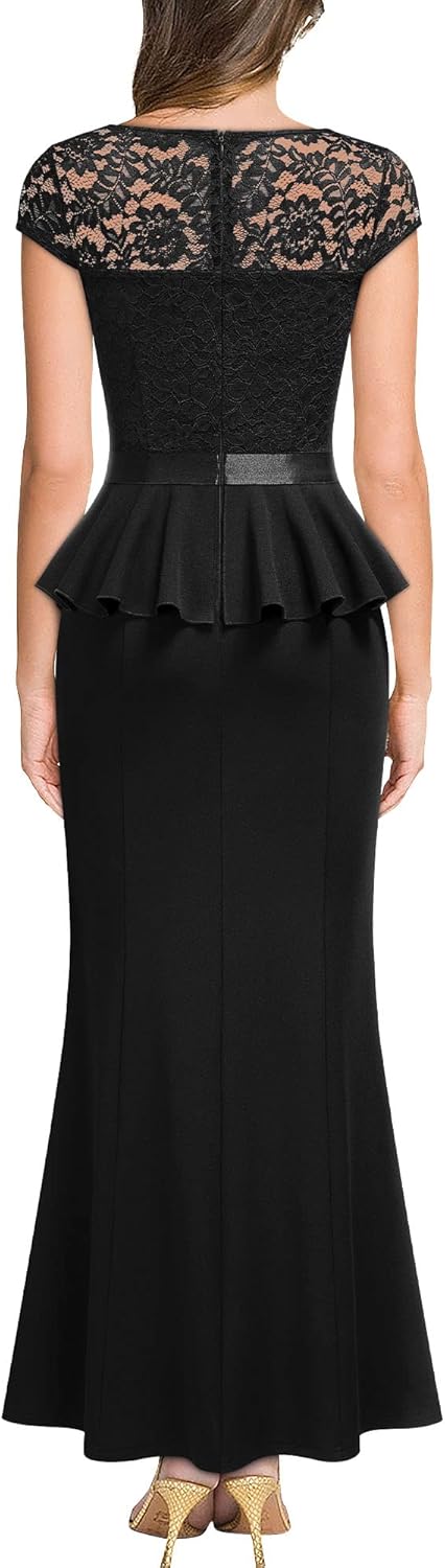 MISSMAY Women's Elegant Floral Lace Ruffle Split Cocktail Party Long Dress - Image 2