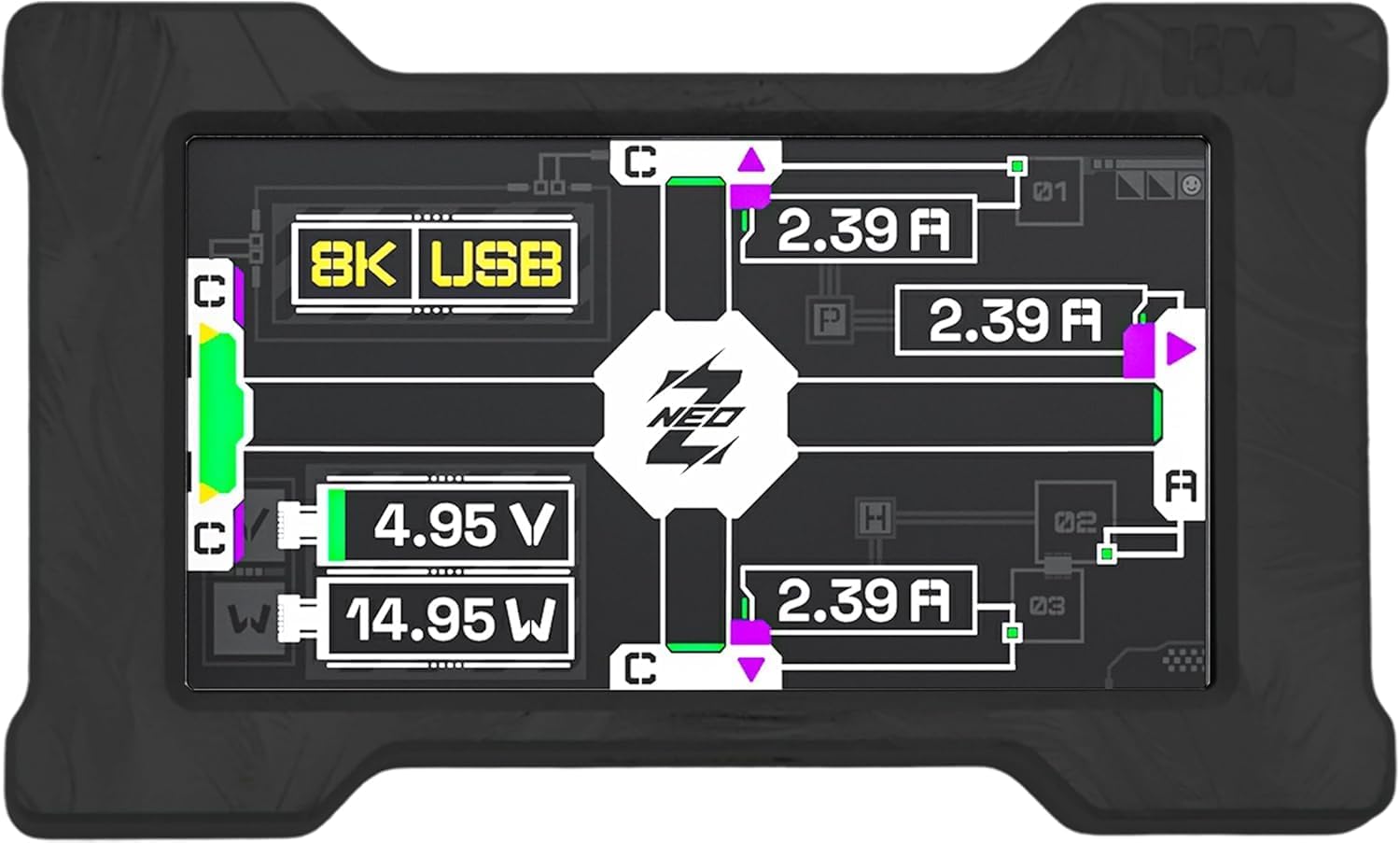 HM Lab ZNEO Gaming USB Hub with 1.9” Screen, USB 2.0 High-Speed, USB-C x2 & USB-A x1, Aluminum Alloy, External 5V Power Input, Compact USB Hub for Gaming & Desk Setup (Black Wing (77 Frames))