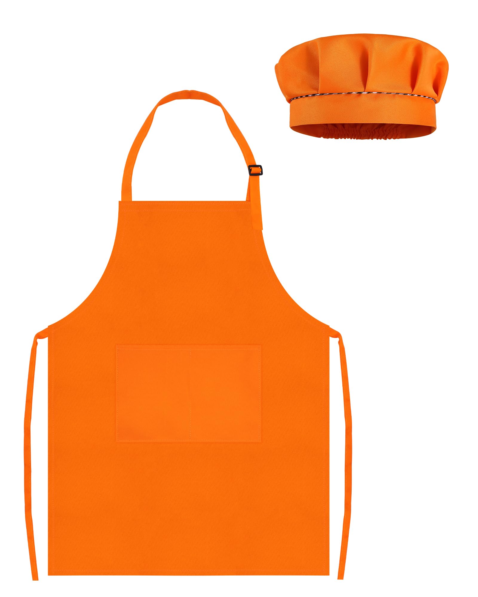 TOPWAYS Kids Apron and Chef Hat Set, Adjustable Children Chef Apron Outfit Costume, Kitchen Apron for Baking Cooking Painting, Artist Apron with Two Pockets (orange, L (7 to 13 years))