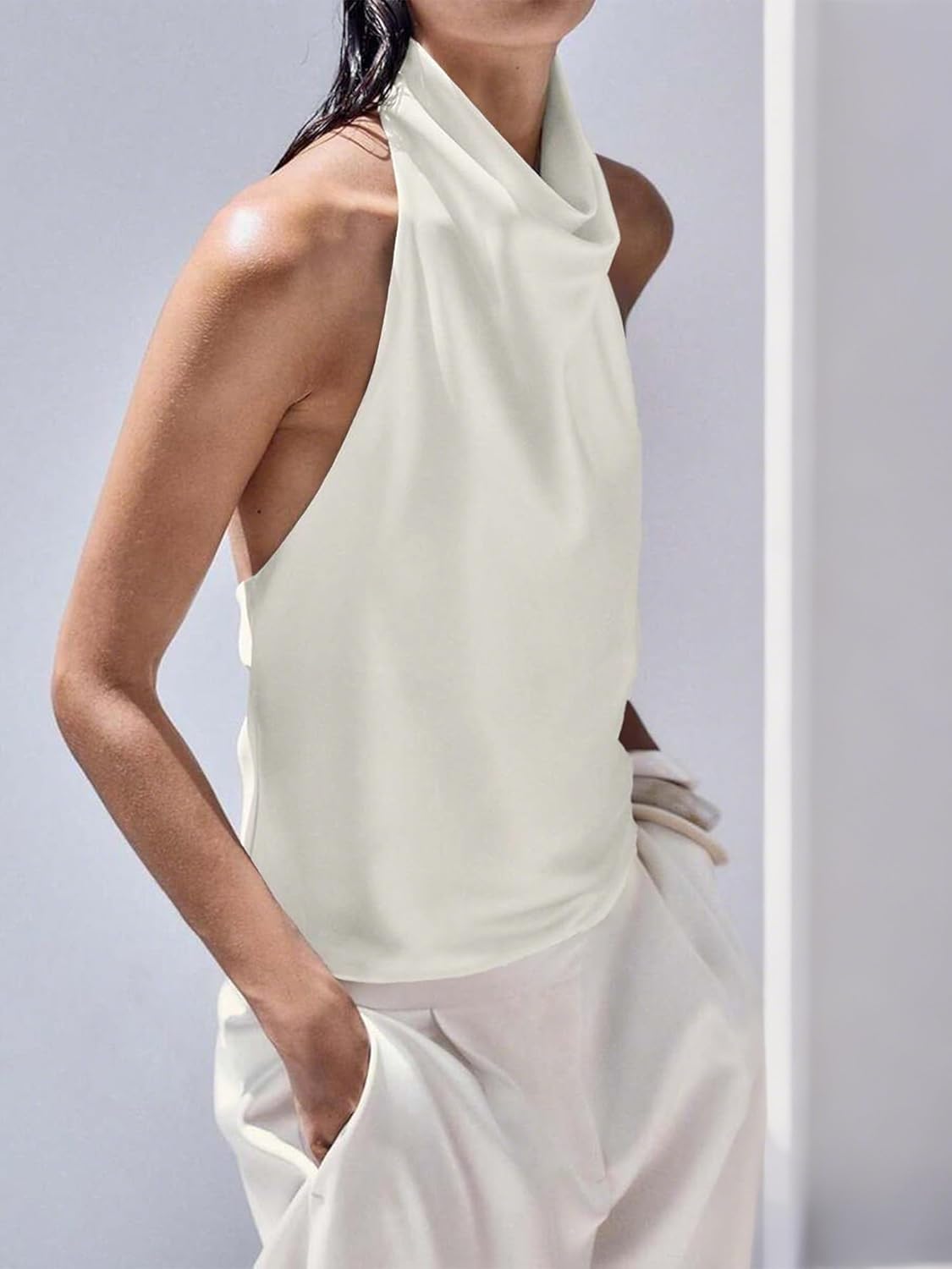 Women's Satin Tops Halter Cowl Neck Open Back Sleeveless Summer Tank Tops Elegant Camisole Tops - Image 4