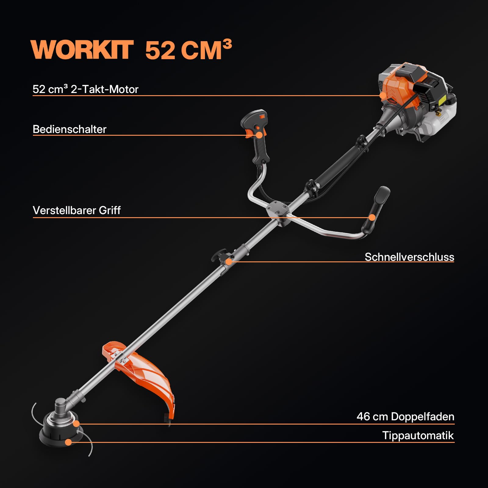 WORKIT Podkaszarka spalinowa 52 cm³, 2 KM, 3 w 1, benzynowa, w zestawie szczotka do chwastów i nóż 40T, szerokość cięcia 46 cm, do zarośli i dużych powierzchni, profesjonalne narzędzie ogrodowe