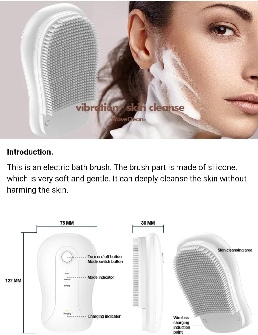 Electric Sonic Body Brush Scrubber, Rechargeable Bath Brush, High-Frequency Pulsation, Clean Body and Face, Waterproof, Exfoliating and Massaging Skin (White Pearl) for Women, Men, Mother Day Gift