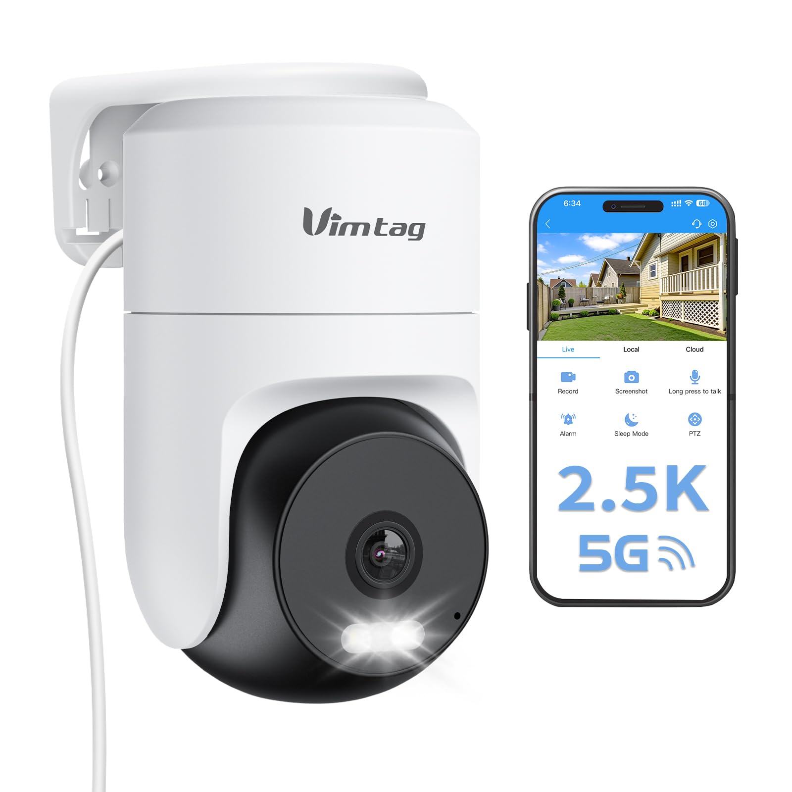 VIMTAG Security Camera Outdoor/Indoor, 2.5K Outside Cameras for Home Security, 360° Pan/Tilt House Surveillance, Motion Tracking, Color Night Vision, 5G/2.4G WiFi, 2-Way Audio, Cloud/SD Card Storage