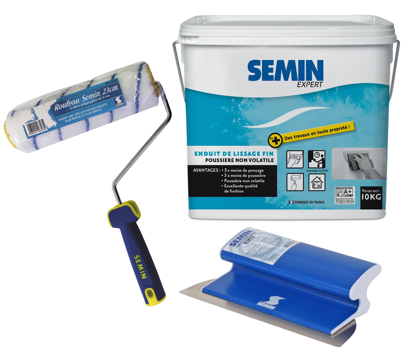 Semin - Enduit de Lissage pour Finition des Murs - Intérieur - Seau de 10 kg, un Rouleau, 23 cm et une Lame pour Enduire et Lisser, 25 cm