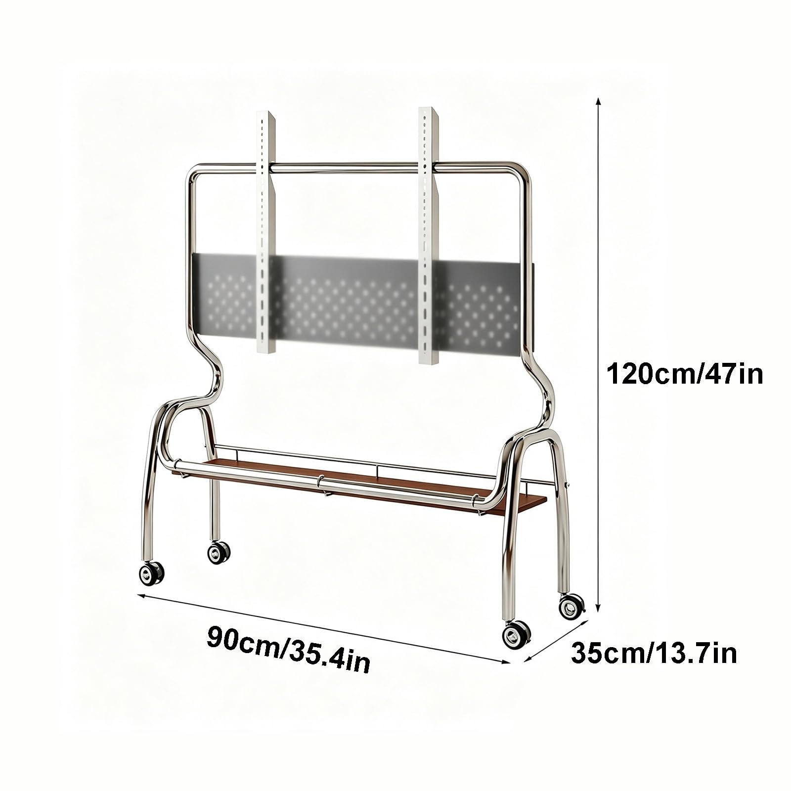 Supporto TV Mobile con Ruote, Supporto TV Portatile Autoportante | Acciaio Inossidabile, Ruote con Blocco, Mensola Portaoggetti e Pannello Pegboard(Brown,90x35x120cm)
