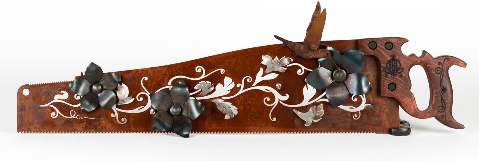 Hummingbird and Scrolled Flowers Hand Saw Design | Made to Order Wall Art for bird lovers!