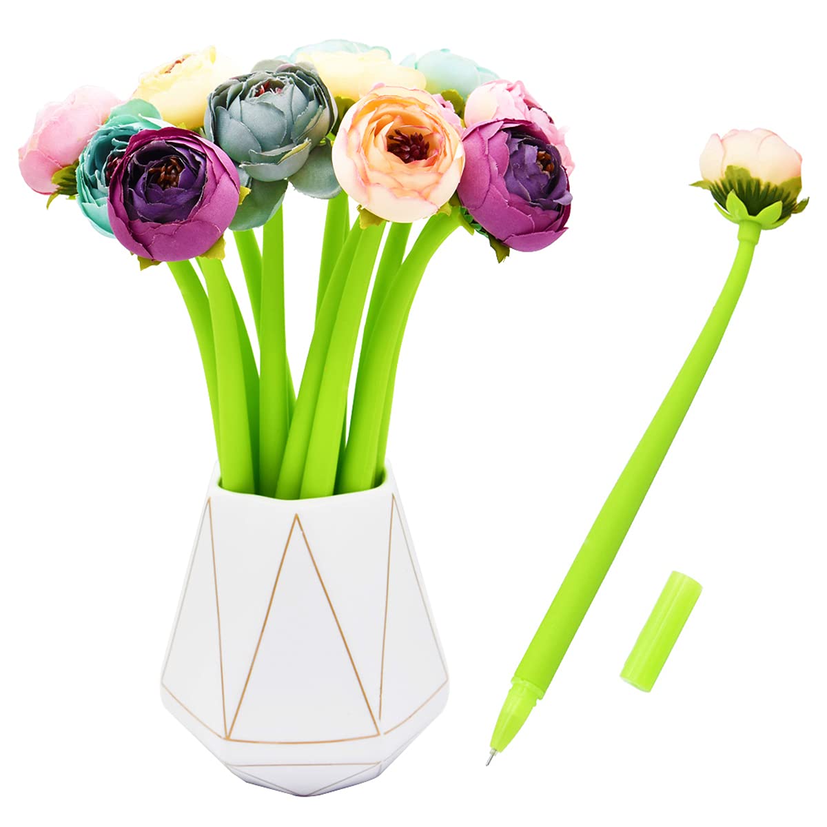SIPLIV 12Pcs Creative Artificial Flowers Gel Ink Pen Ballpoint Pen Liquid Black 0.5mm Gel Ink Rollerball Pen for Girls Women, Home Office School