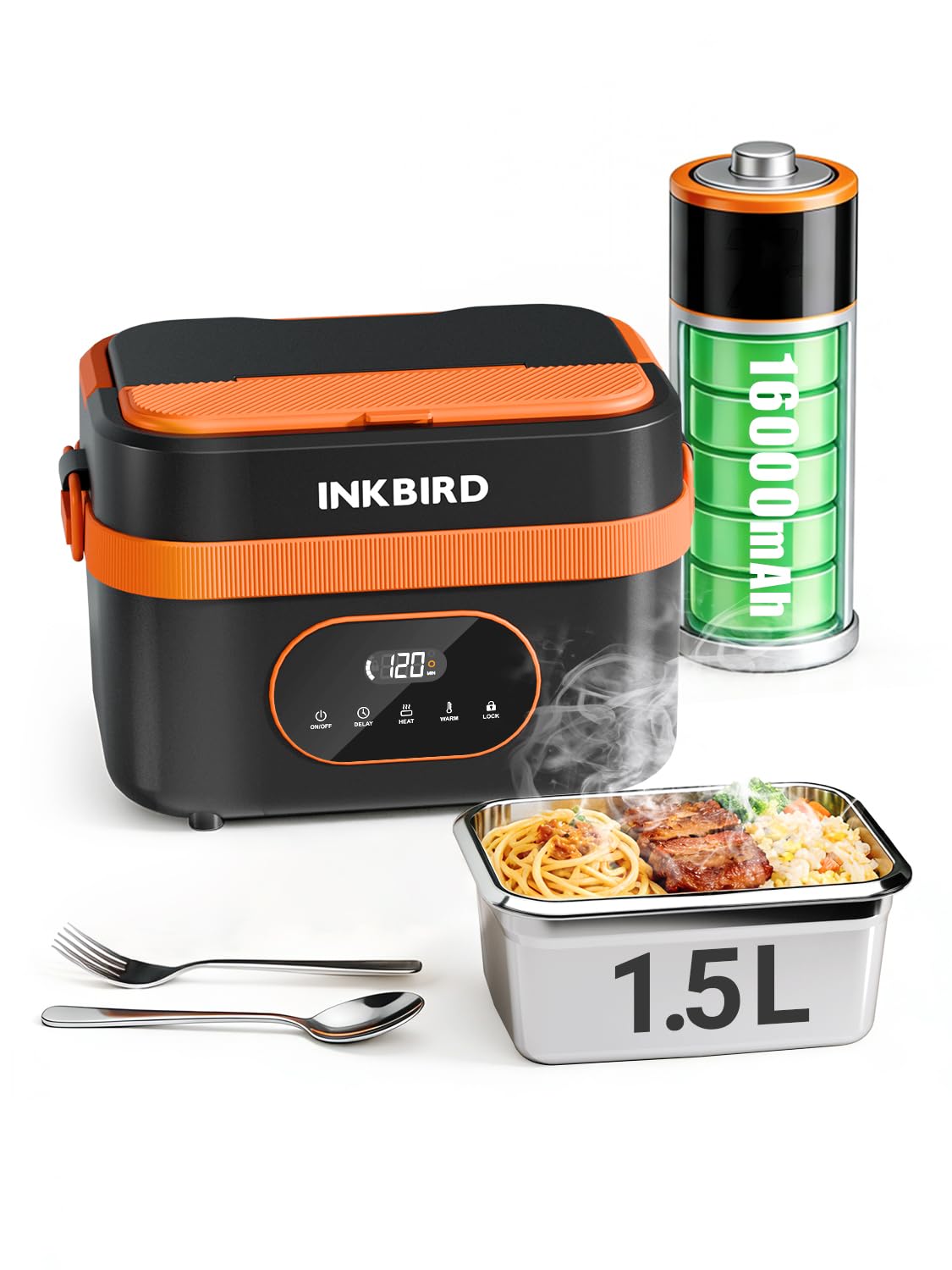 Inkbird Contenitore per il pranzo elettrico, 60 W, con funzione di riscaldamento rapido, ricaricabile, portatile, 1,5 l, a tenuta stagna, riscaldato, per ufficio, camion, esterno
