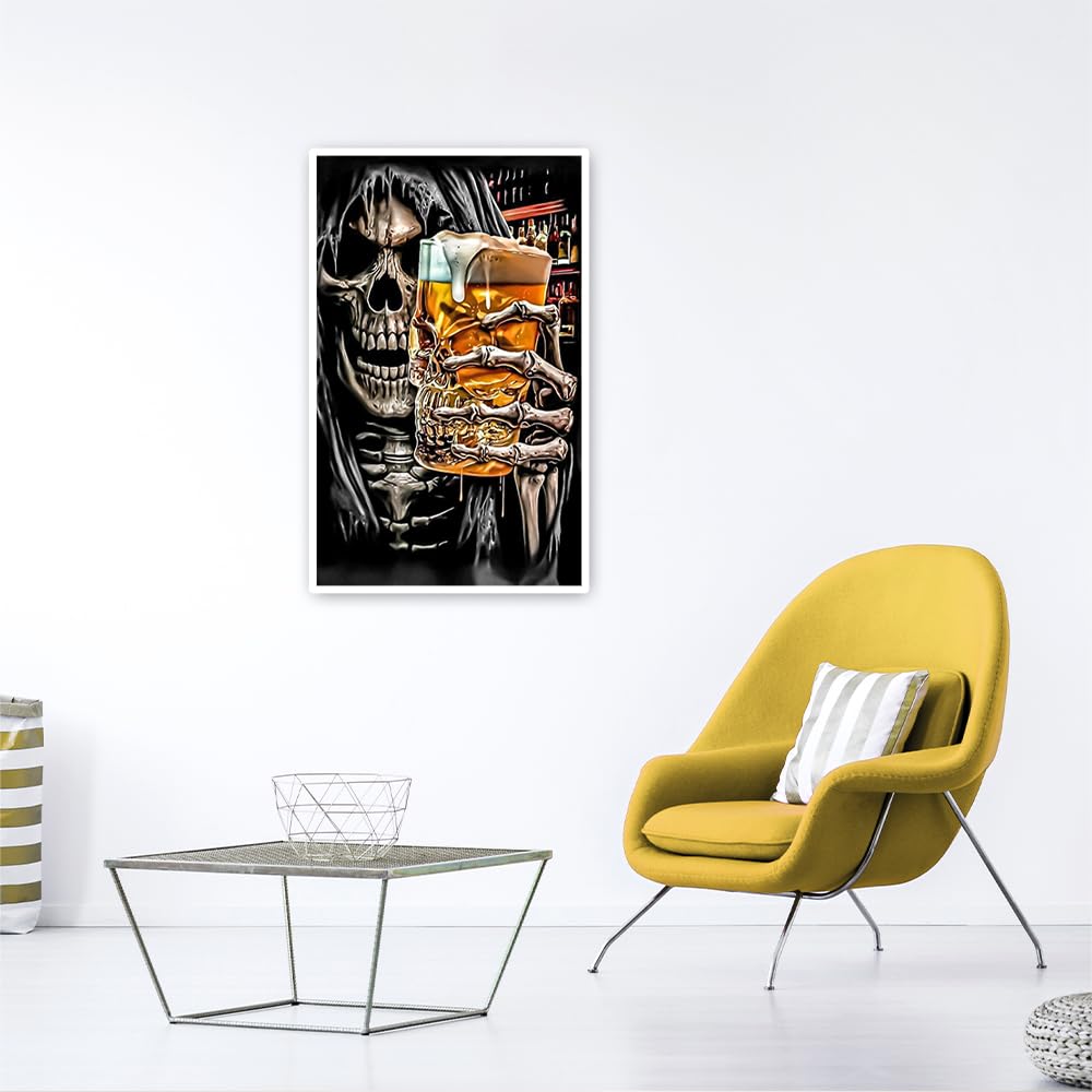 DCIDBEI 40 x 50 cm 5D Rotondo Diamond Painting Cranio che Beve Birra, Fai Da Te Pittura Diamante Teschio, Kit Punto Croce Scheletro, Decorazione Murale Ingresso/Soggiorno/Camera da Letto