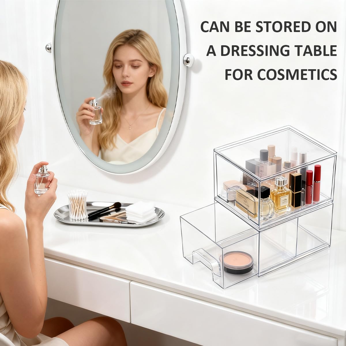 2 Cajones Almacenaje Plastico Apilables Transparentes Organizador Maquillaje Cajonera Tocador Baño Armario