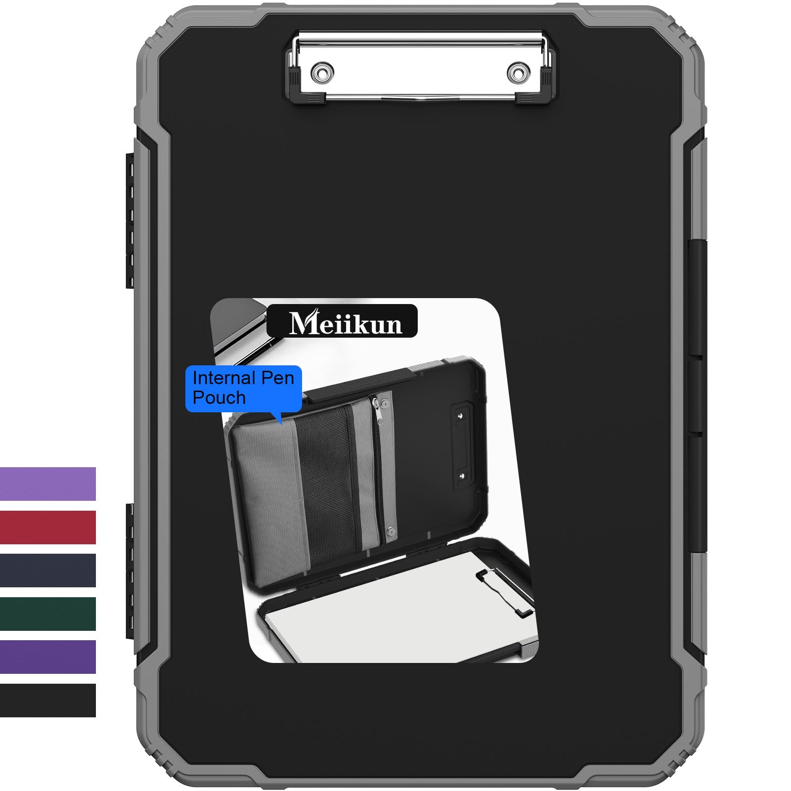 Meiikun Clipboard with Storage, Rugged Shockproof Protective, Internal Pen Pouch & Metal Clip, Heavy Duty Plastic Clip Boards 8.5x11, High Capacity Contractor Folder for School Office (Black)