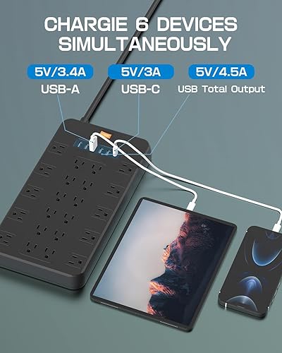 Miniatura 6 de Regleta de alimentación con 22 tomas, 6 puertos USB (2 USB C), 1875 W15 A, cable de extensión resistente de 6.5 pies de enchufe plano con múltiples