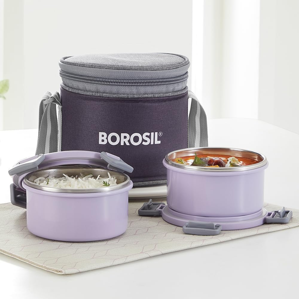 Borosil Glory Lavender Stainless Steel Lunchbox with Bag | 2 pcs Container Set (280ml Each) | Microwavable Tiffin with Food Grade Steel | Leakproof & Dishwasher Safe | 1 Year Warranty | Vertical (B0D72RZWLY) Amazon Price History, Amazon Price Tracker