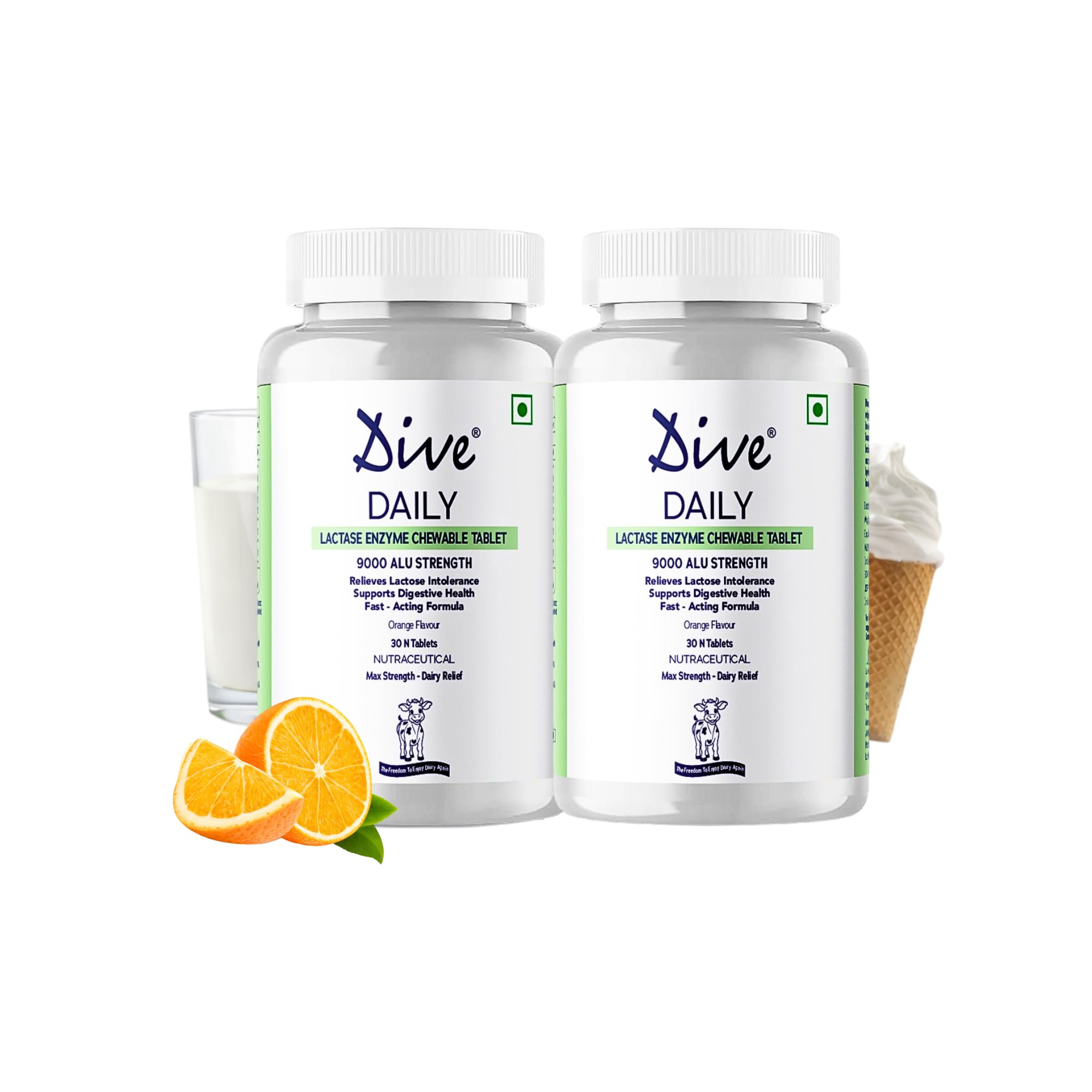 DIVE Daily Lactase Enzyme | Chewable Tablet | Dairy Relief Supplement | 9000 ALU Strength | Prevents Gas, Bloating, Diarrhea | 100% Vegetarian | Sugar-Free | Orange Flavour, 60 Count - Pack of 2