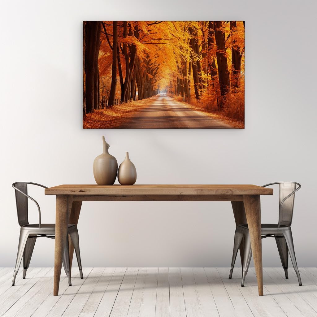 Canvas for Living room. Autumn's Embrace Along a Tranquil Country Road, 27 x 18 inch Canvas Wall Art - Contemporary Masterpieces - Modern Home Decor