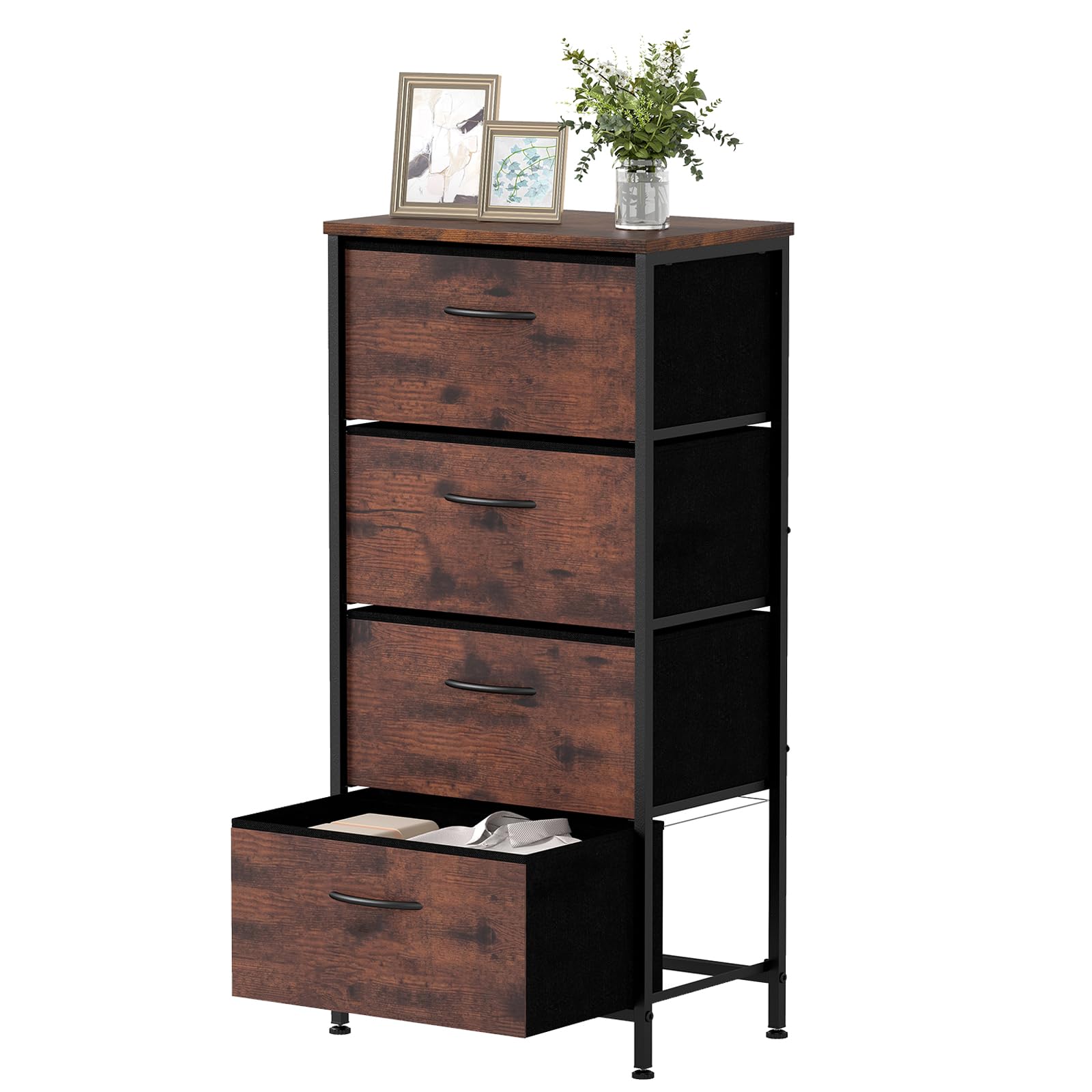 FANTASK Kommode Stoffschubladen, Schubladenschrank mit Holzplatte Metallrahmen platzsparend, Sideboard Aufbewahrungsschrank 4 Fächer für Flur Wohnzimmer, 45 x 30 x 95 cm, Braun