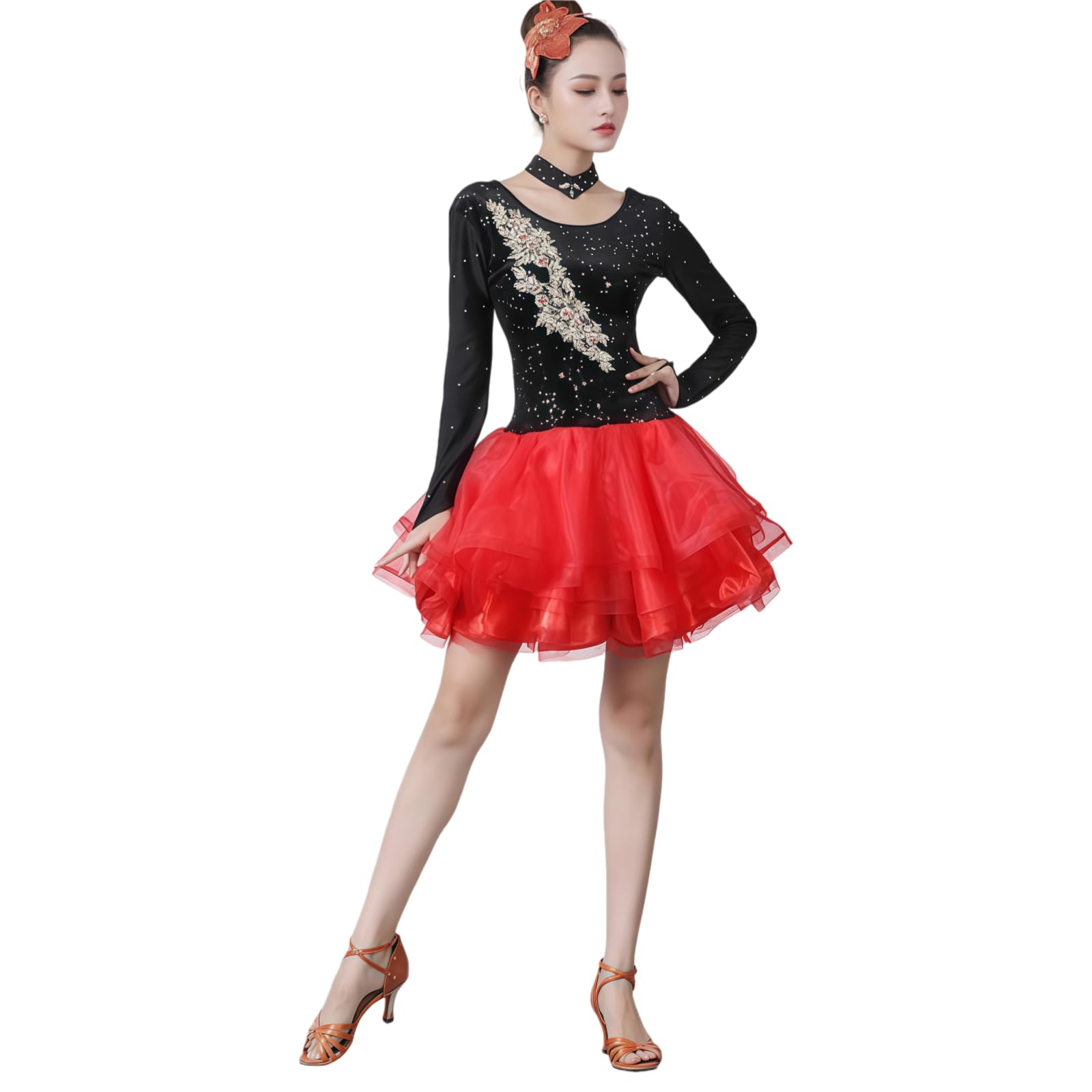 Abito da Ballo Latino per Donna, Vestito Intero Nero E Rosa con Strass E Gonna Corta A Strati, Abito Scintillante per Esibizioni di Cha-Cha, Rumba E Samba