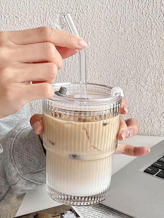 KEXES Ice Coffee Glass Tumbler, Thick Wall Water Glass Cup Mug Tea with Glass Straw and Lid 390ML Glass Sipper Ideal for Chocolate & Beverage, Mocha, Cappuccino, Shake, Juice 3