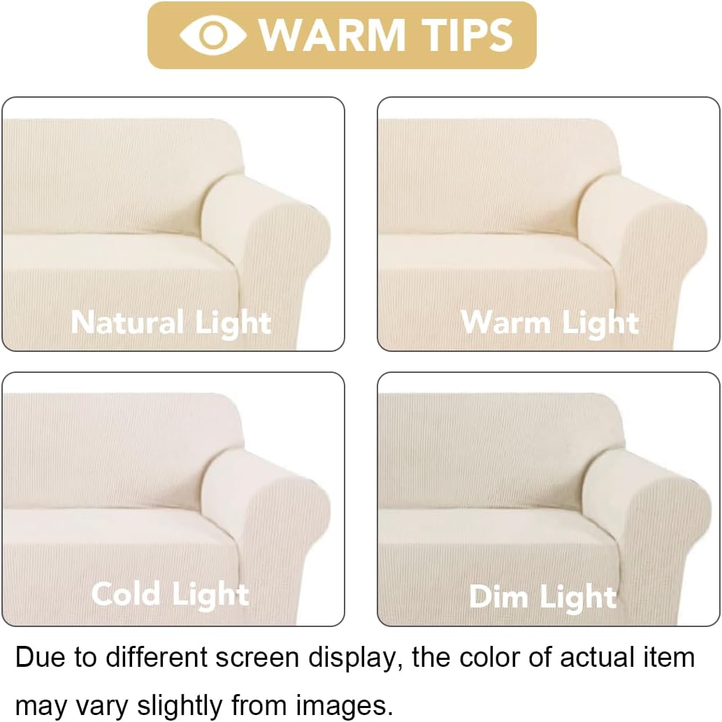 H.VERSAILTEX Stretch Couch Covers for Sofa 1 Piece Slipcovers for Couches and Sofas 3 Seater Couch Cover Feature Thick Checked Jacquard Fabric with Elastic Bottom, 72"-88" Wide, Cream 2