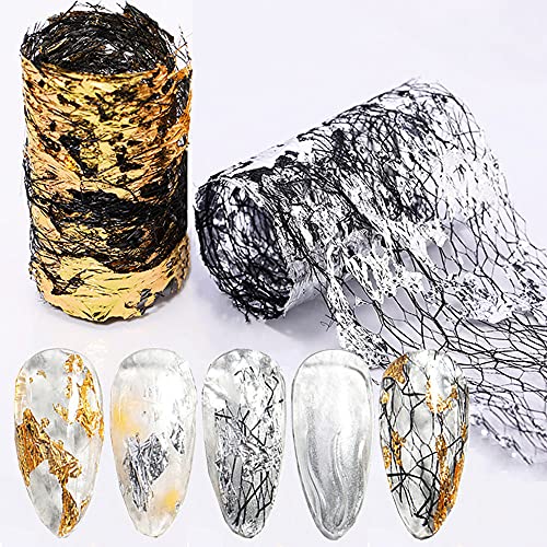 Aluminum Foils Nail Stickers, 3D Irregular Gold Silver Foil Design Nail Flakes Decals Mesh Stickers Glitter Line Nail Art Decal Wraps Slider Manicure DIY Decoration Accessories for Women Girls
