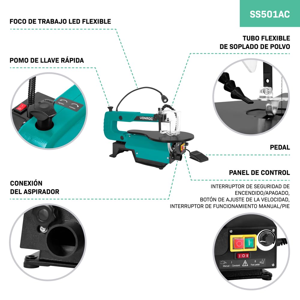 VONROC Sega da Traforo 120W - Incl. 6 Lame, Pedale, LED, Soffiaggio Polvere - Per Legno, Metallo, Plastica