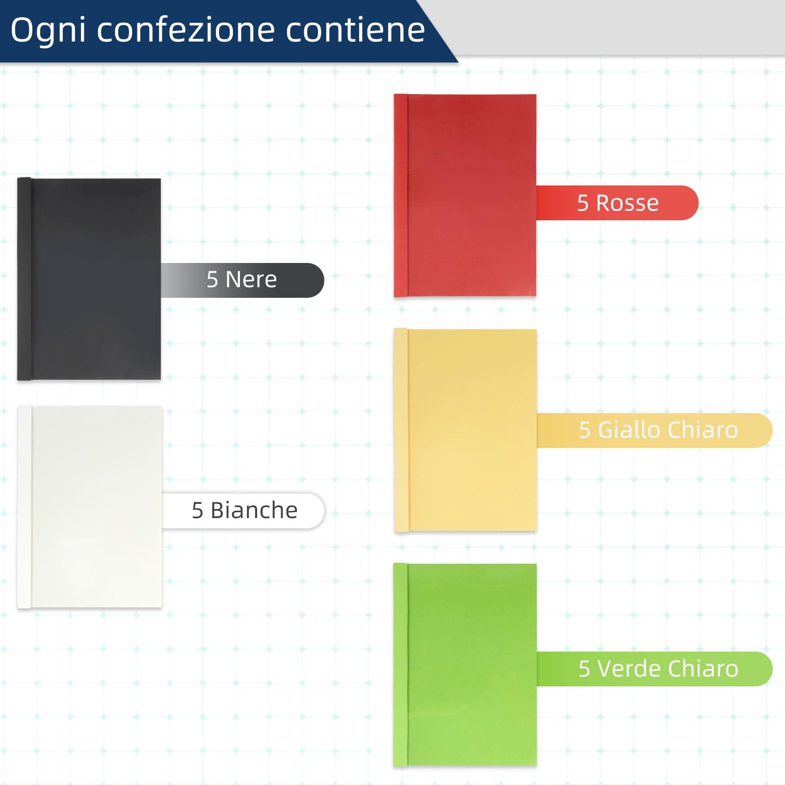 RAYSON Copertine per Rilegatura Termica, 5 colori, capacità 55 fogli, 6 mm, formato A4, Confezione da Pezzi 25