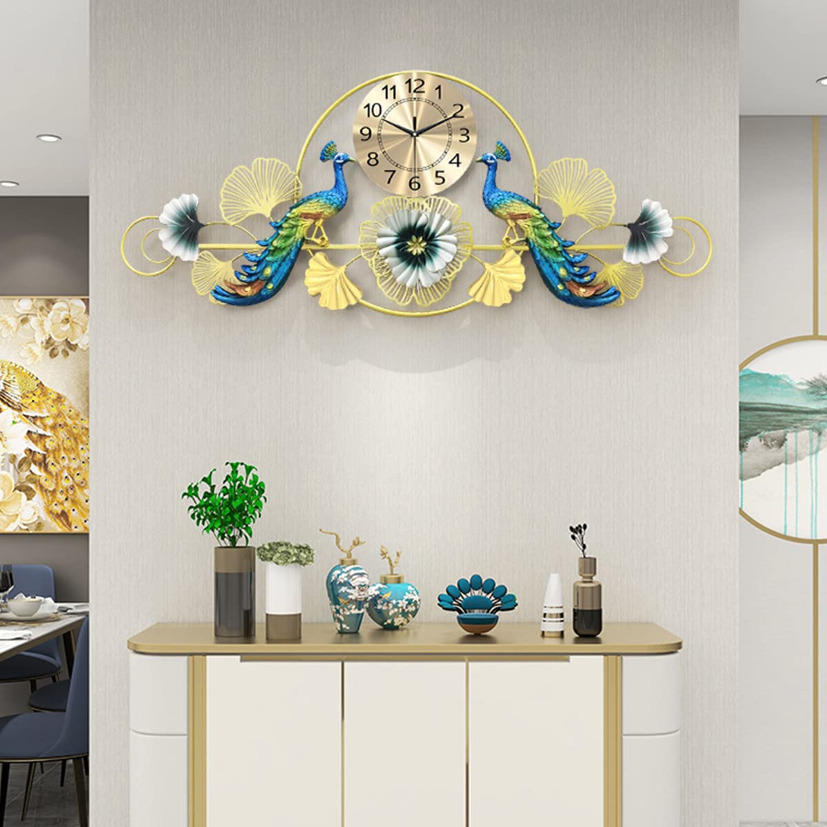 QIYFOZ Peacock Wall Clock, Modern 3D Peacock Shape Wall Non Ticking Silent Clock for Living Room, Bedroom, Home Wall Art Decoration