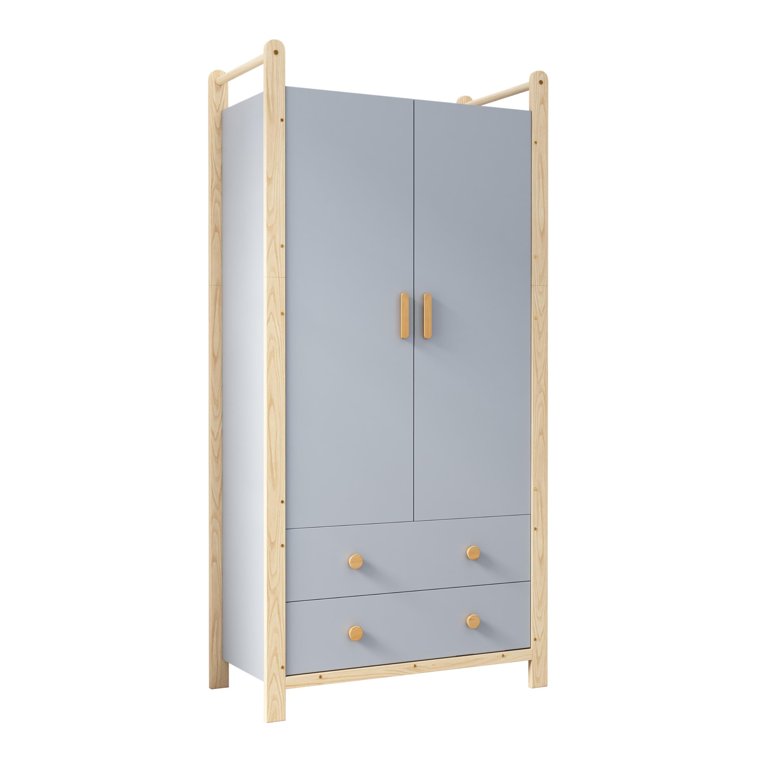 Armario para Niños con 2 Puertas y 2 Cajones 180x90x45 cm Armario Ropero de Madera con Barra para Colgar, Ropero Estrecho Moderno para Dormitorio, Salón, Perchero de Pasillo, Azul y Natural