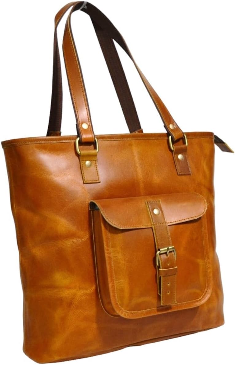 Satchel And Fable Women’s Tote Leather Handmade Genuine Shoulder Large Vintage Handbag (17” (L) x 13” (H) x 4.5” (W), Brown)