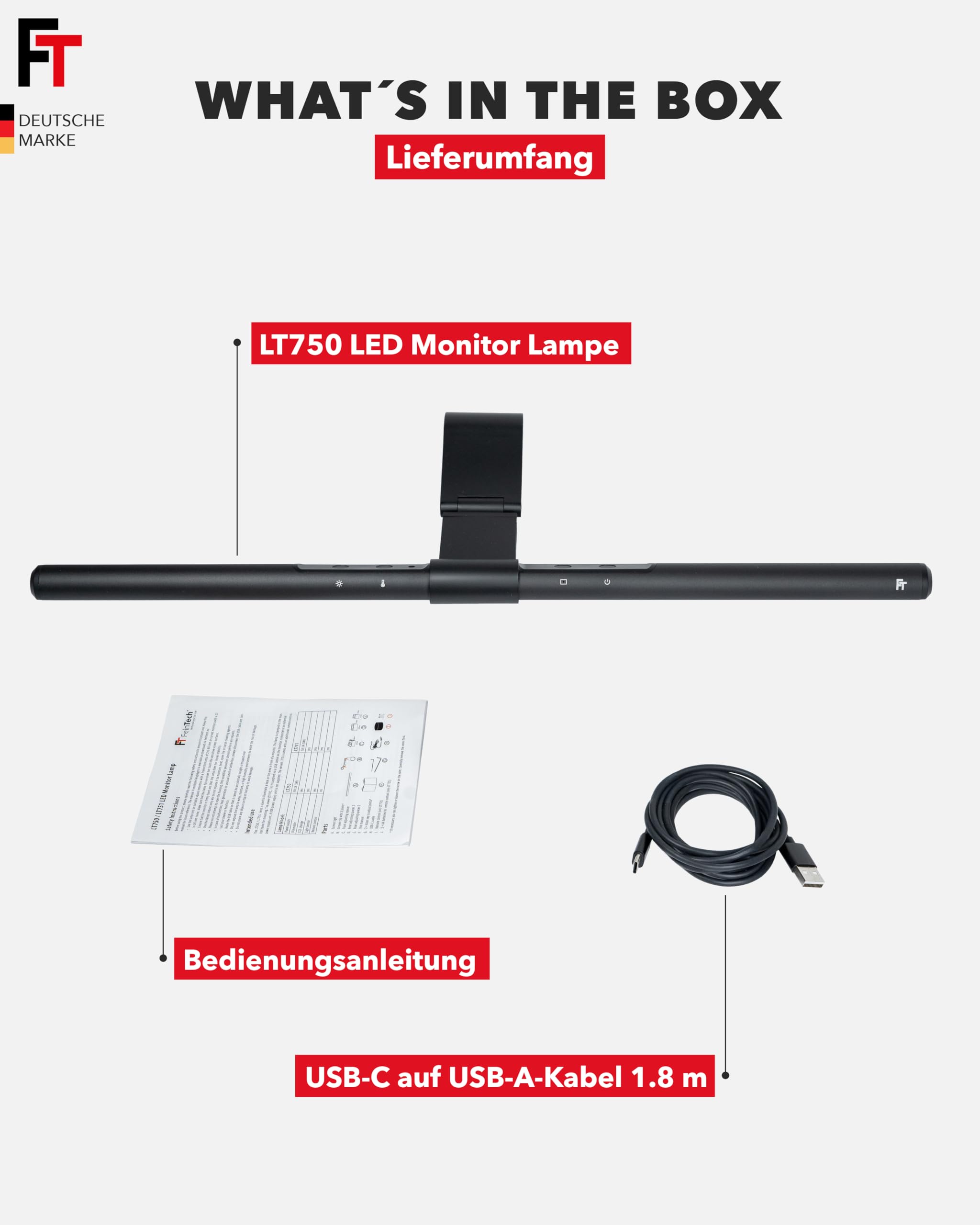 FeinTech LT750 LED Monitorlampe 51 cm USB Schreibtischlampe Lichtsensor Dimmbar Farbtemperatur Einstellbar Curved (ohne Fernbedienung)