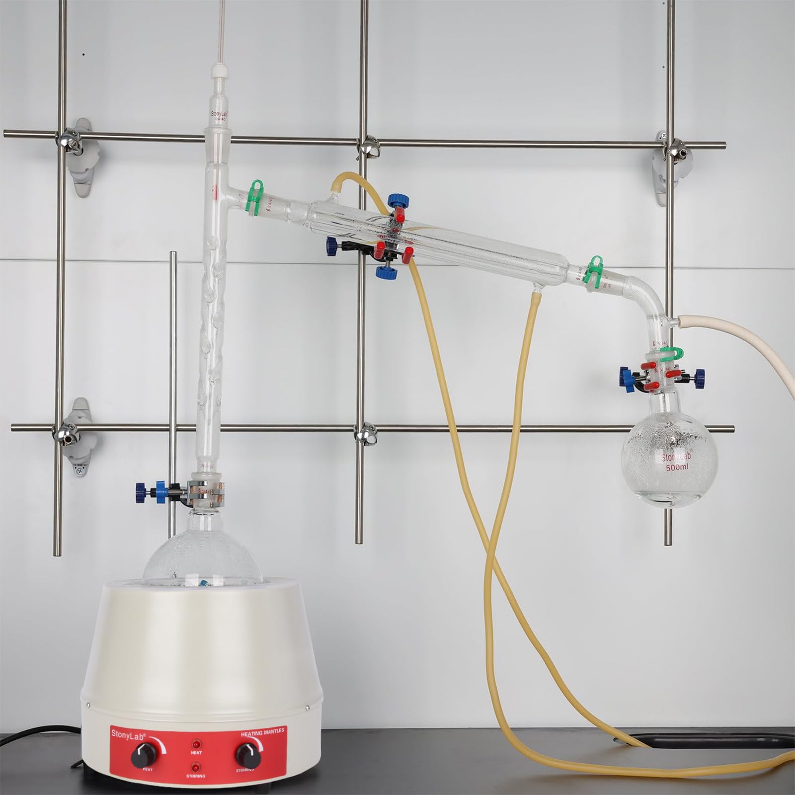 stonylab 13 Pièces Kit de Distillation, Kit d'appareil de Distillation à Fond Rond en Verre Borosilicaté 24/40 avec Condenseur Liebig et Deux Ballons de Laboratoire, Distillation