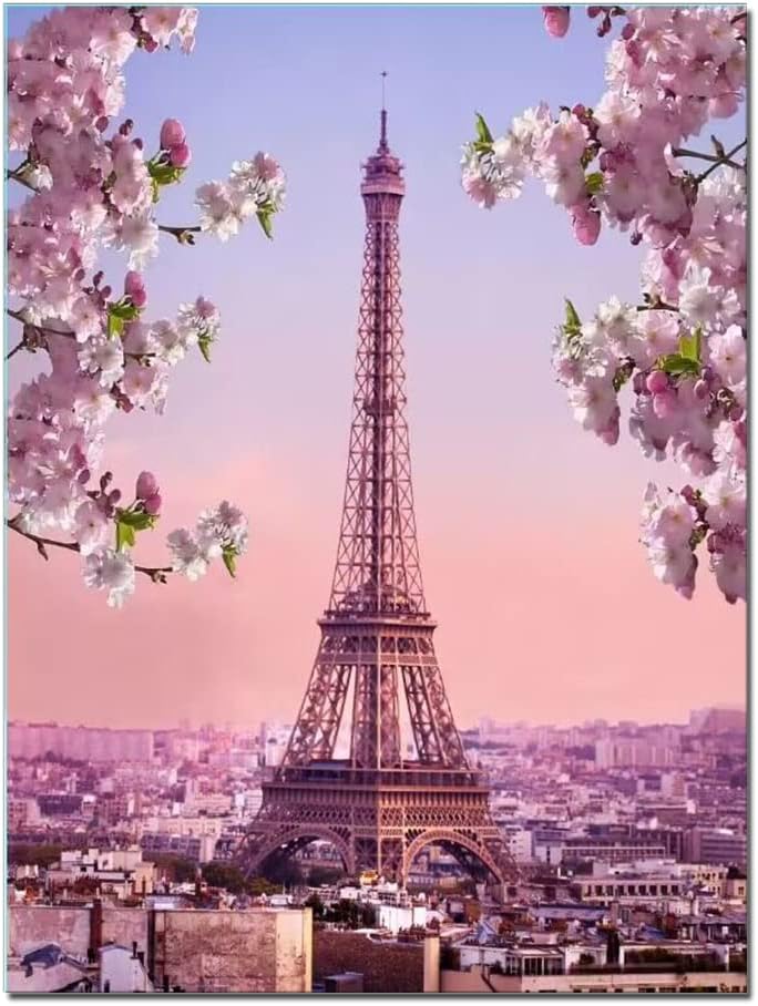 QBQT Paris Eiffel Tower Canvas Wall Art Pink Blossoming Flower Living Room Romantic Architecture Landscape Large Artwork for Girl Bedroom Home Decor Frame 24x36inch
