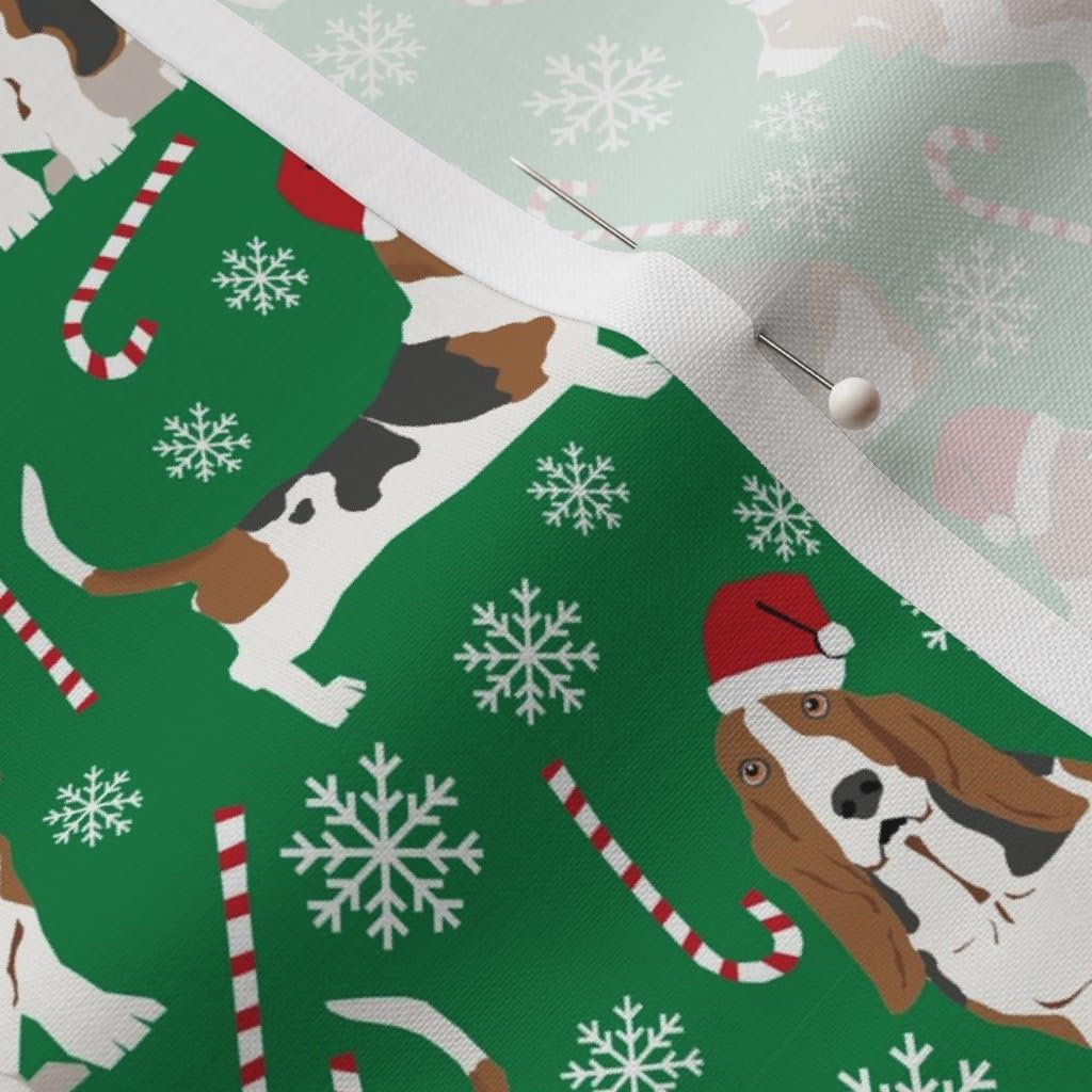 Spoonflower Fabric - Basset Hound Candy Canes Winter Snowflakes Dogs Green Christmas Puppy Printed on Petal Signature Cotton Fabric by The Yard - Sewing Quilting Apparel Crafts Decor