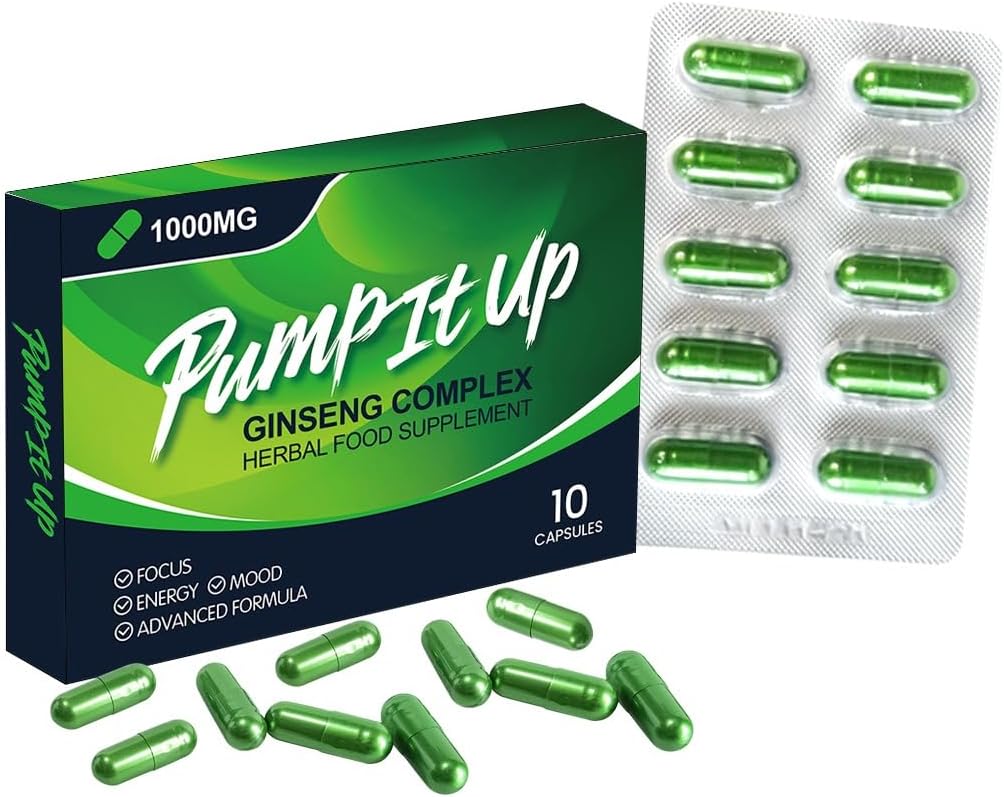 PUMP IT UP Green 1000mg | Stronger | Longer | Harder | Performance | Extra Strength Enhancing Pills, Stamina Endurance Booster Supplement Pills for Men | 10 Ginseng LIBIDO Booster Capsules