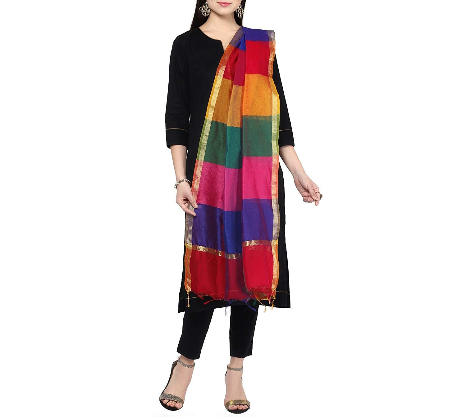 Weavers Villa Women's Poly Silk Checkered Dupatta (Multicolor, 2.2 Meter)