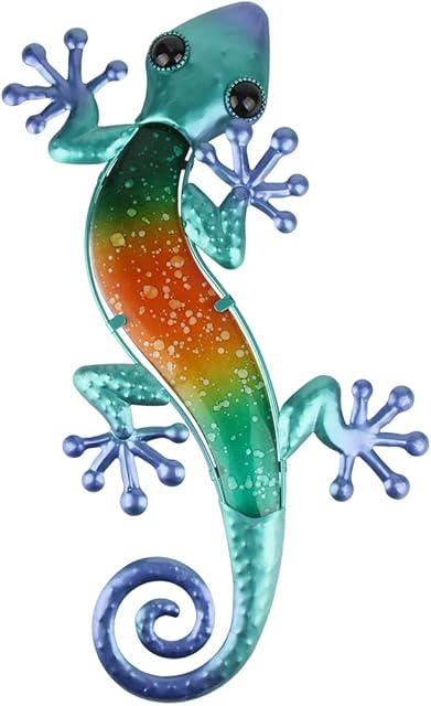 HONGLAND Gecko Wall Art Hanging Lizard Metal Wall Decor Sculpture Glass Home Decoration for Garden,Fence,Patio,Living Room 15" (Green)