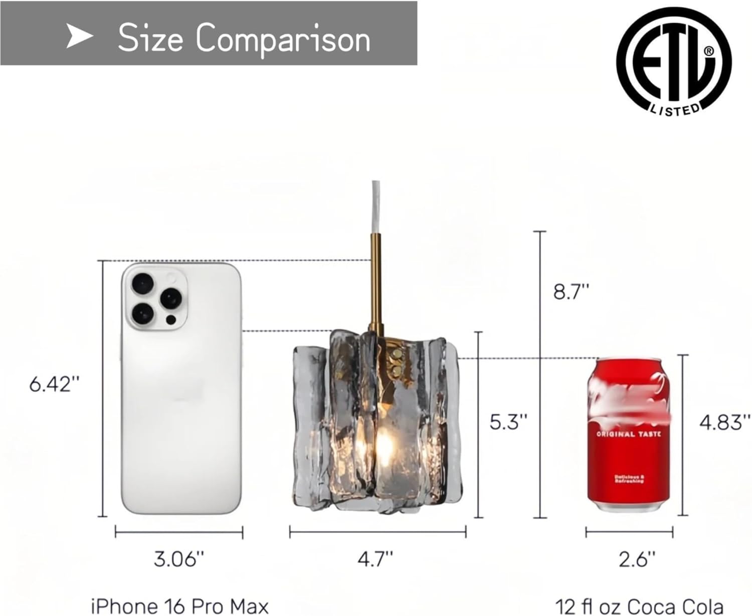 KSANA Pendant Lights Kitchen Island, 4.7'' Black and Plating Brass Kitchen Pendant Lighting Over Island, Modern Hanging Light Fixtures with Handcrafted Smoky Textured Glass