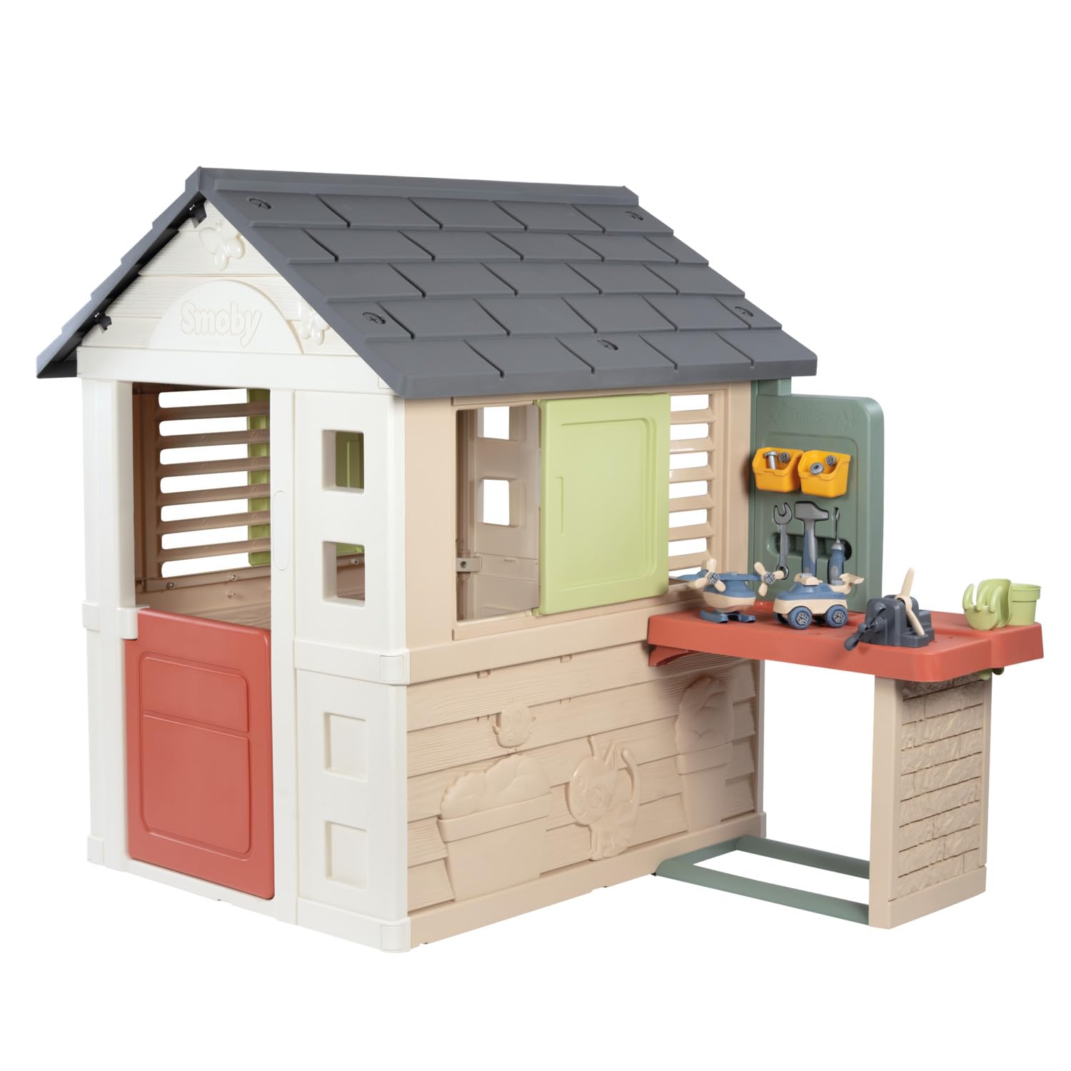 Smoby Life - Casa de la Naturaleza + Taller DIY - Numerosos Accesorios: Martillo, Destornillador, vehículo para Construir, etc. - Materiales reciclados - A Partir de 2 años - Fabricado en Francia