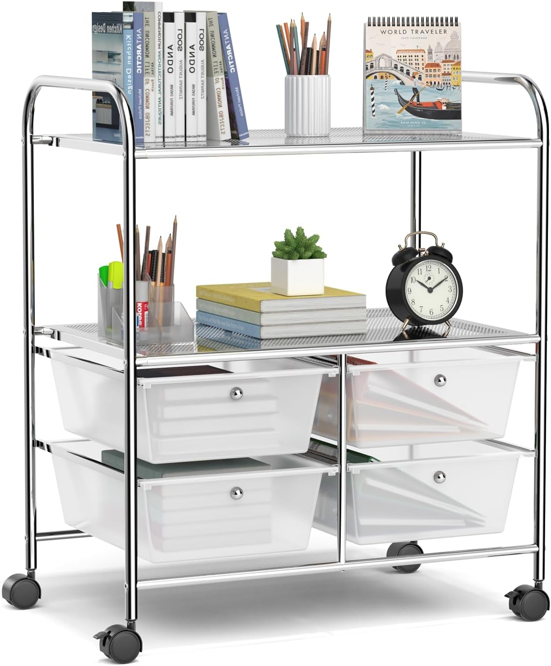 RELAX4LIFE Rolling Storage Cart with 4 Drawers & 2 Shelves, Metal Frame Paper Scrapbook File Organizer for Home Office, School Classroom, Movable Art Craft Cart (Clear)