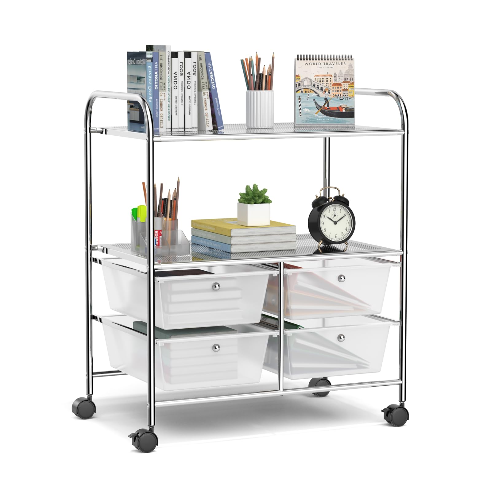 RELAX4LIFE Rolling Storage Cart with 4 Drawers & 2 Shelves, Metal Frame Paper Scrapbook File Organizer for Home Office, School Classroom, Movable Art