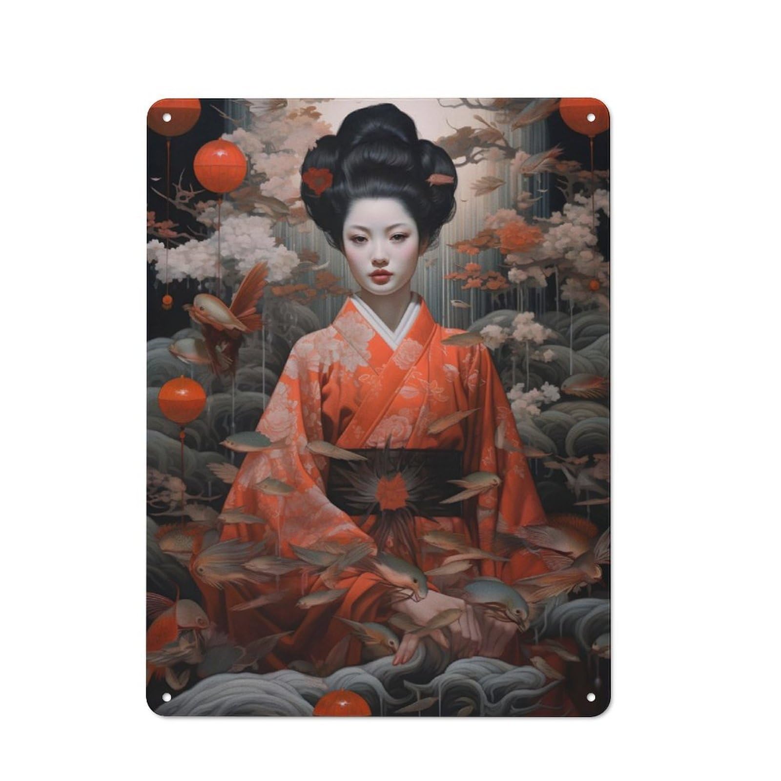 Junmoney Geisha Fish Metal Plaque 40X30cm With For Garage Wall, Retro Decor, For Themed Interiors In Garages And Workshops