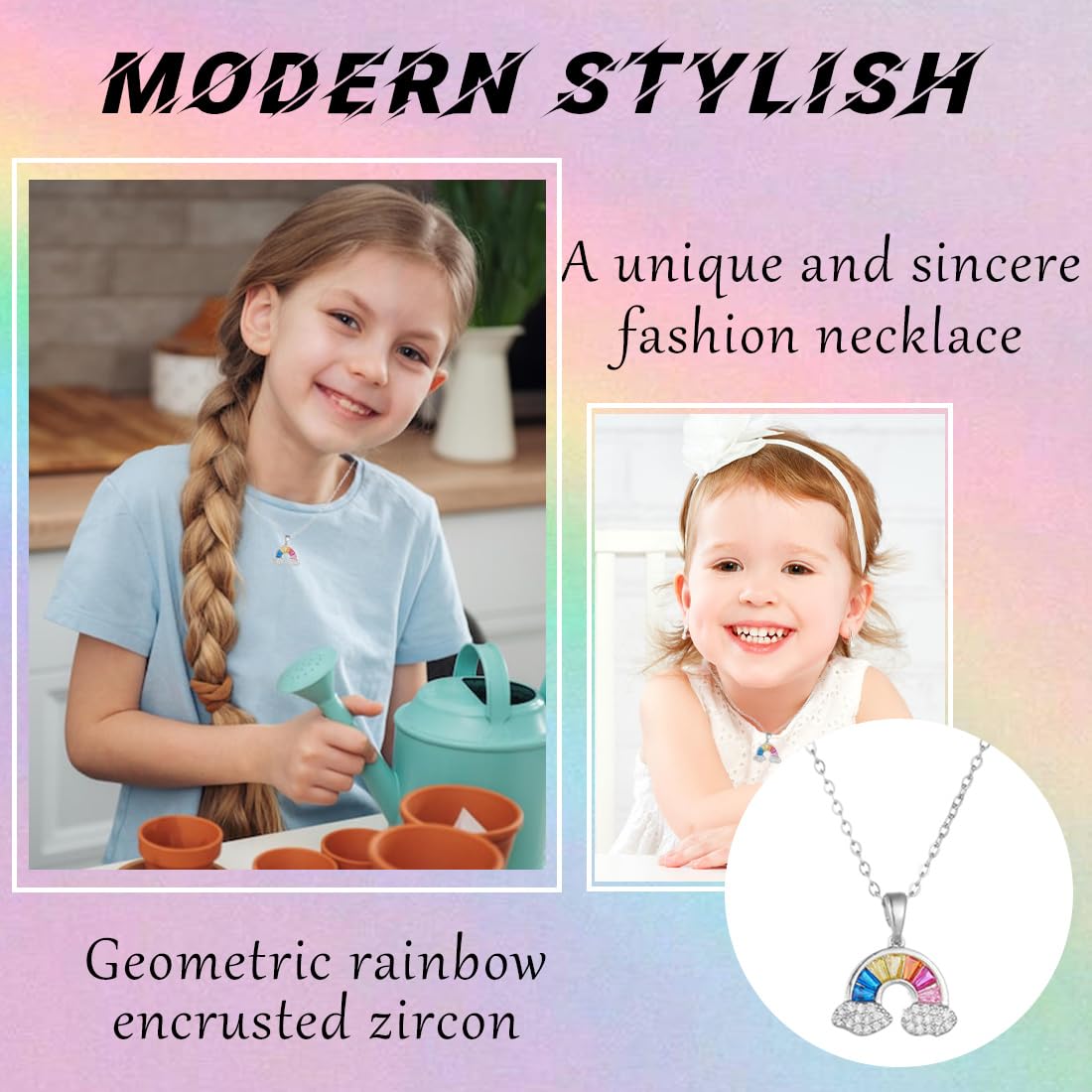 LOVE YOUR CITY Collana con ciondolo a forma di arcobaleno, idea regalo per bambini, ragazze, in argento sterling 925, regolabile da 42 a 45 cm, Argento sterling